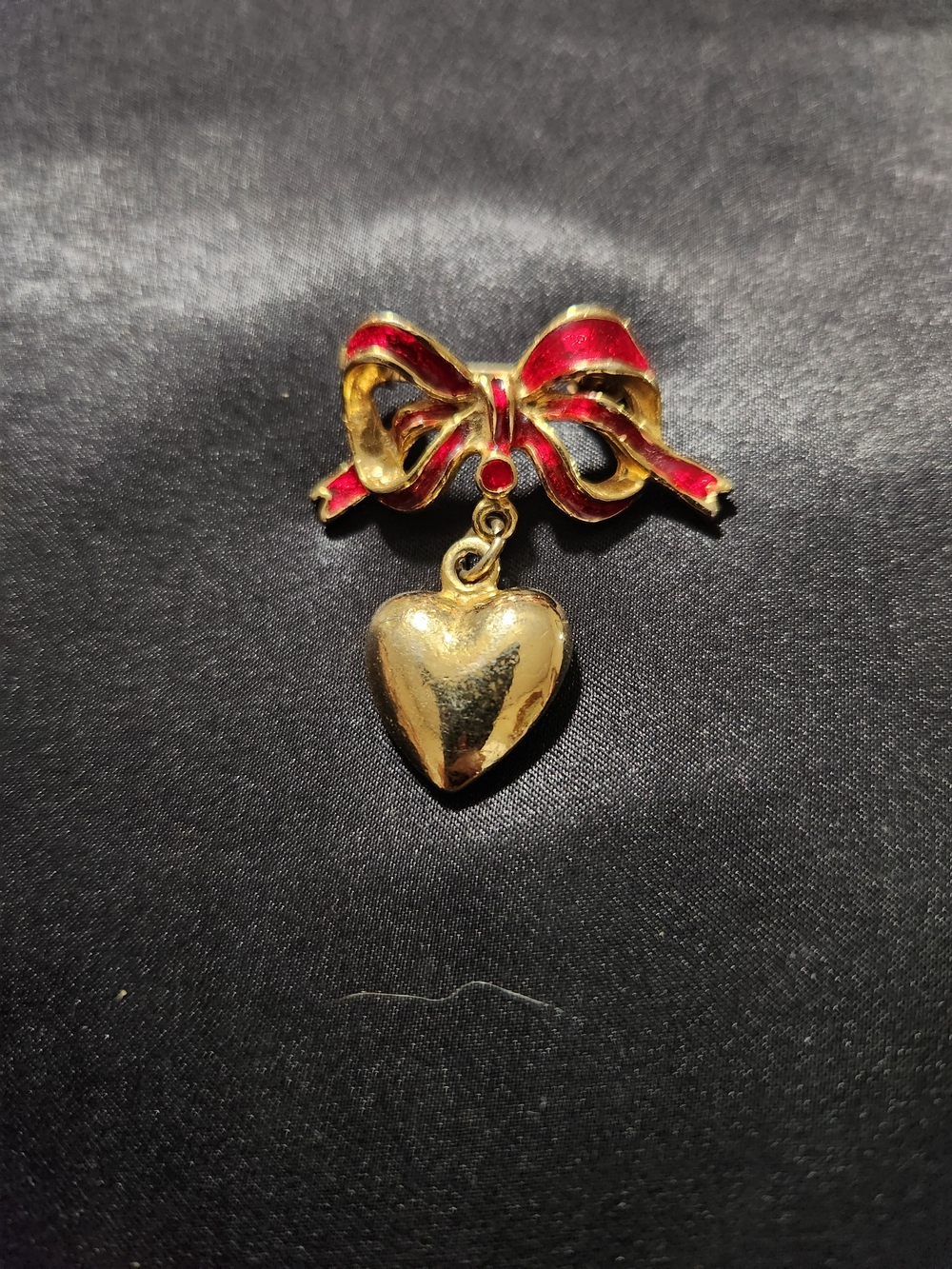 Vintage Red Enamel Ribbon Bow Brooch | Dangle Puffy Heart Gold Tone Lapel Pin